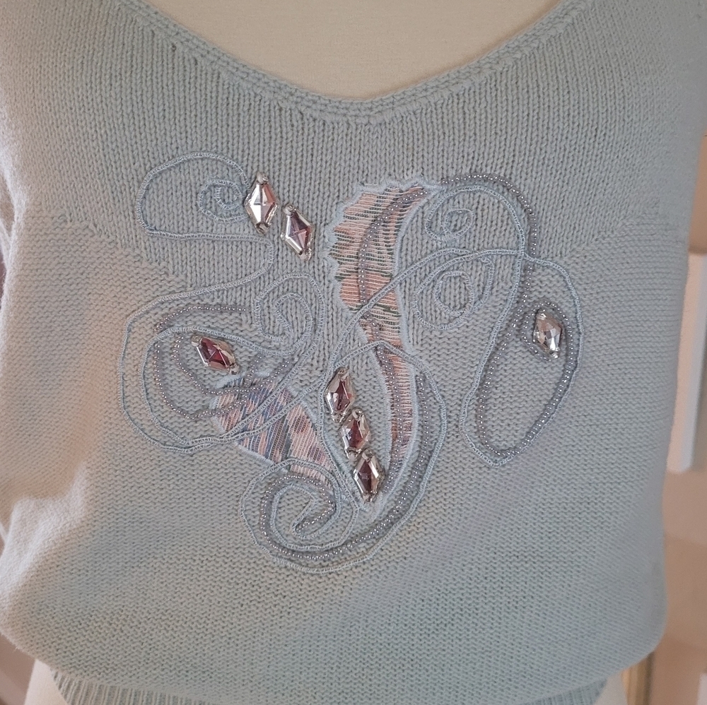 Vintage - 80's Marc D'Alcy Pale Blue Lambswool and Silk Embellished Tank Sweater - Picture 3 of 7